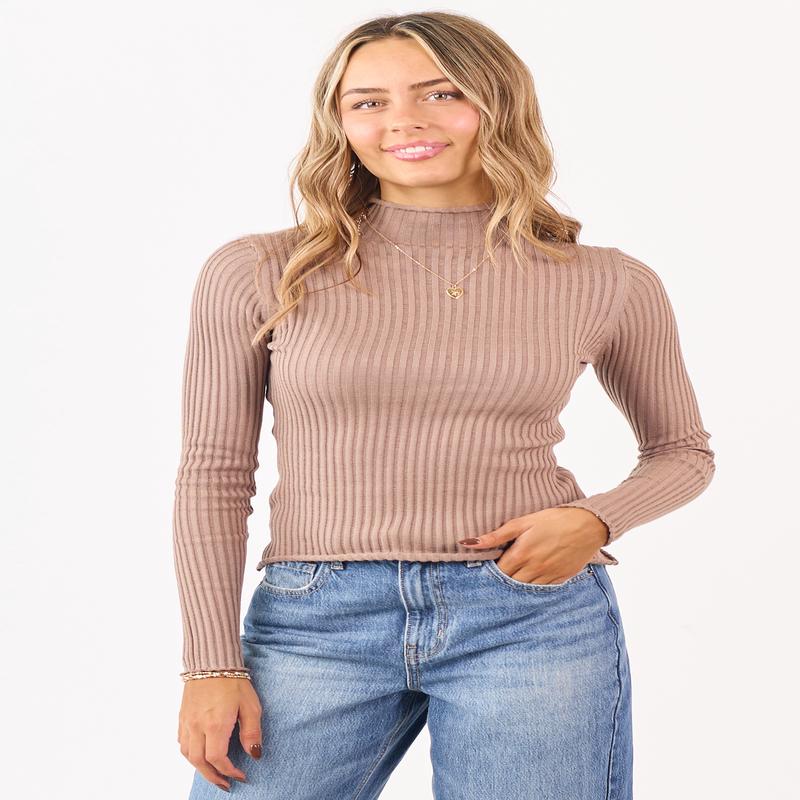 Coffee Rib Knit High Neck Long Sleeve Fitted Top