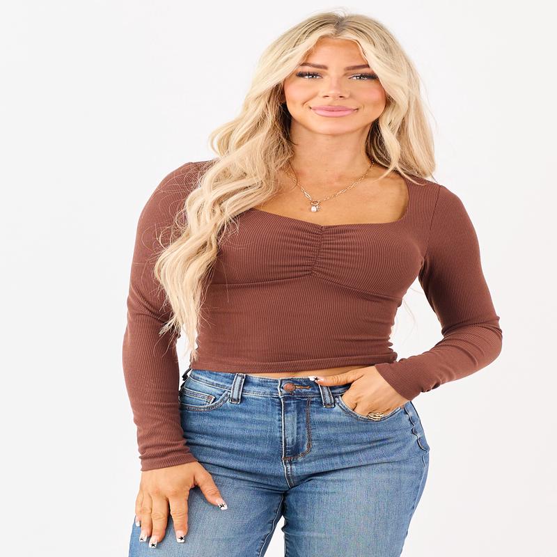 Coffee Ruched Ribbed Knit Long Sleeve Cropped Top
