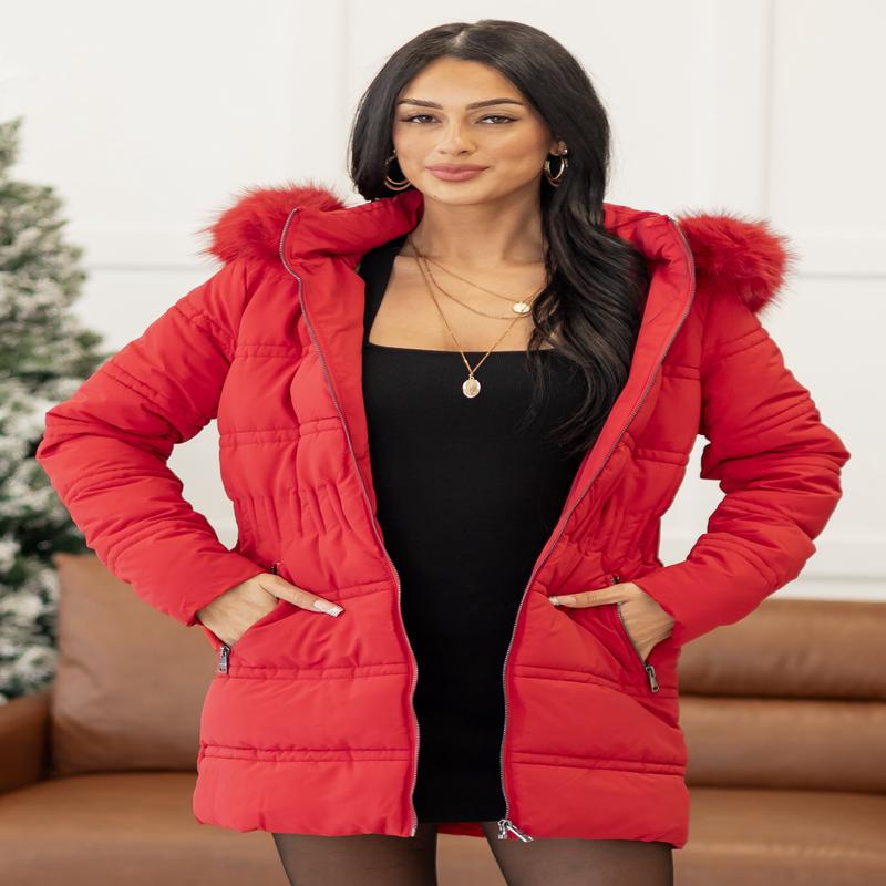 Cranberry Fur Lined Hood Zip Up Long Puffer Coat