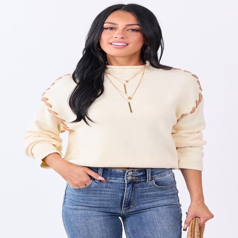Cream Contrast Stitch Mock Neck Sweater