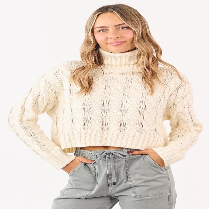 Cream Cropped Turtleneck Cable Knit Sweater