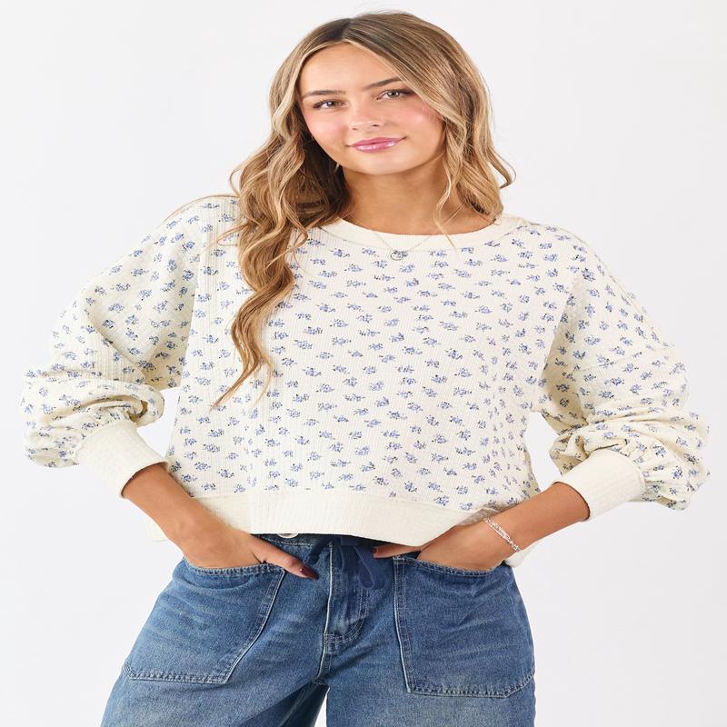 Cream Ditsy Floral Print Textured Sweatshirt Top