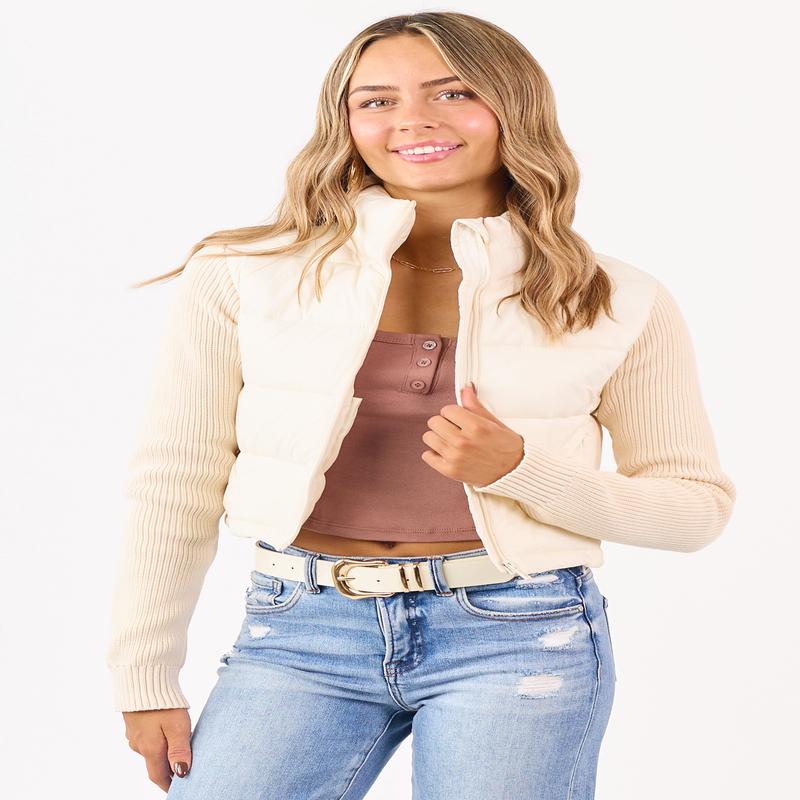 Cream Mock Neck Zip Up Knit Sleeve Puffer Coat