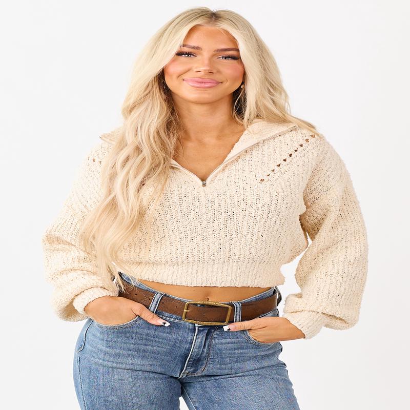 Cream Pointelle Quarter Zip Cropped Sweater