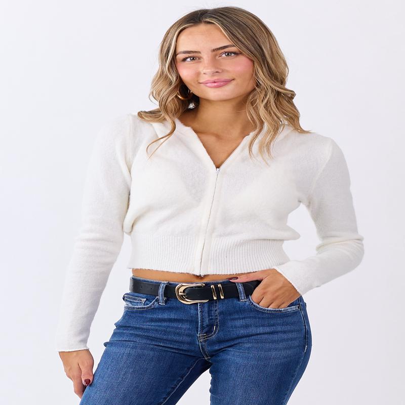 Cream Zip Up Hooded Cropped Knit Jacket