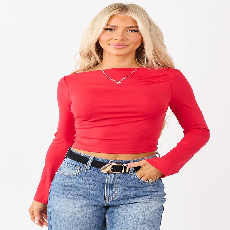 Crimson Bell Sleeve Boatneck Fitted Crop Top