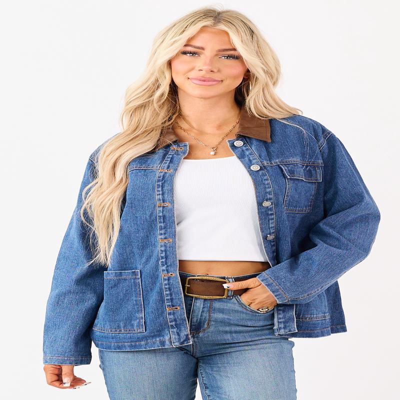 Dark Wash Denim Faux Leather Collar Shacket