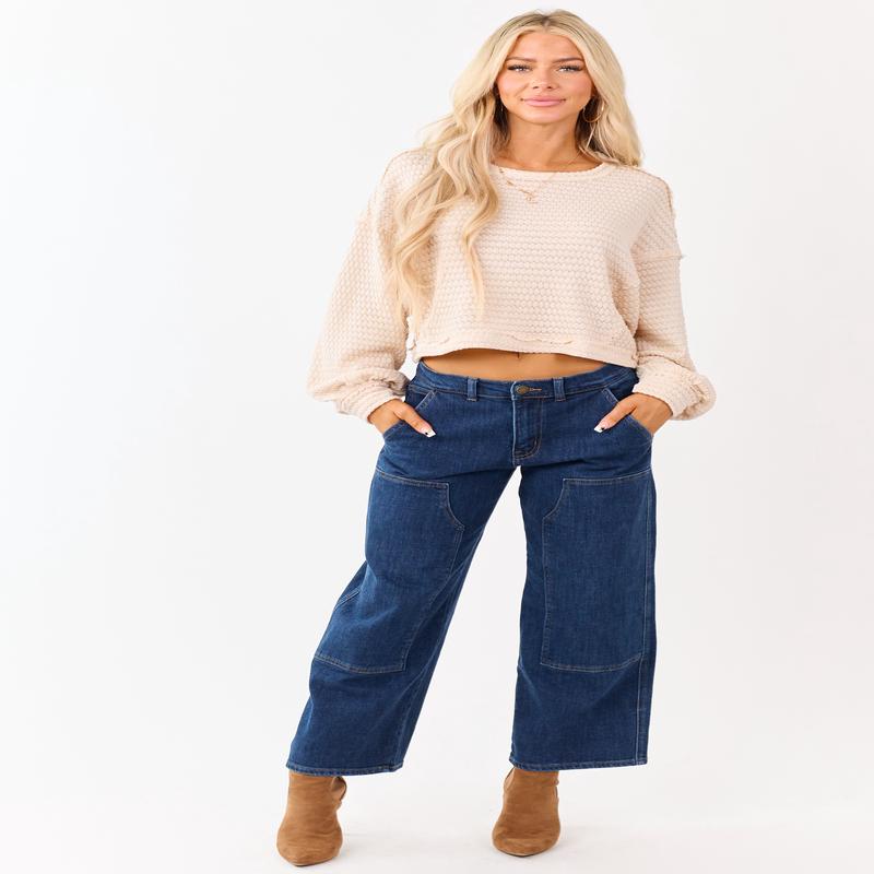 Dark Wash Patch Detail Stretchy Wide Leg Jeans