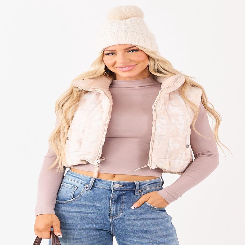 Faded Desert Sand Camo Reversible Crop Puffer Vest