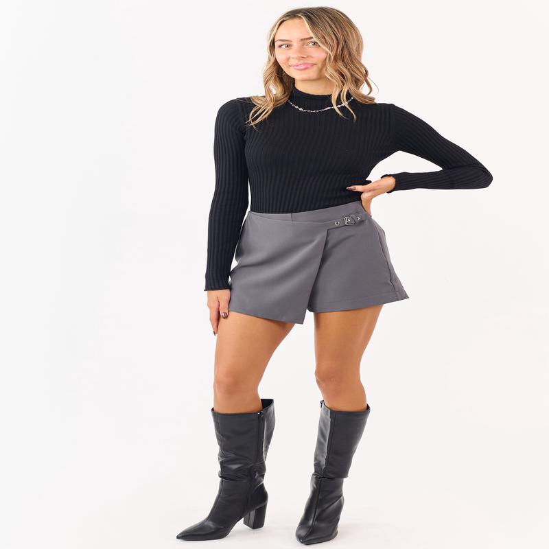 Graphite Knit Wrap Front Buckle Detail Mini Skort
