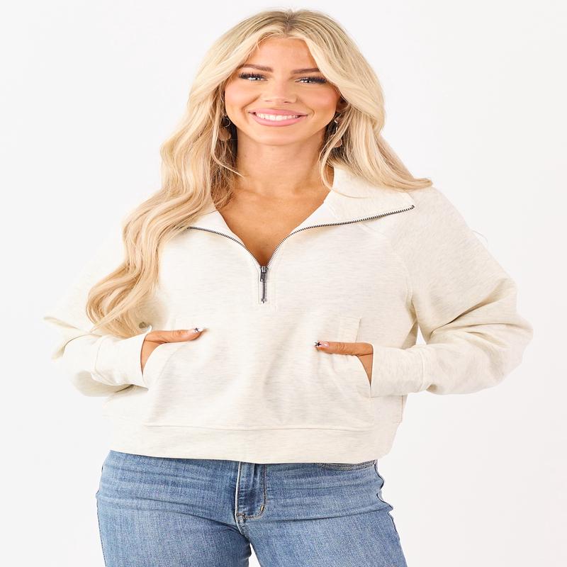 Heathered Cream Scuba Knit Pullover Sweatshirt