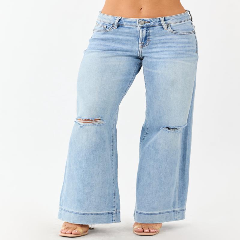 Hidden Light Wash Distressed Stretchy Wide Leg Jeans