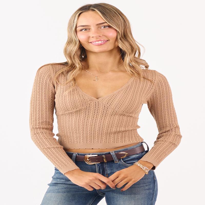 Latte Deep V-Neck Pointelle Cropped Fitted Top