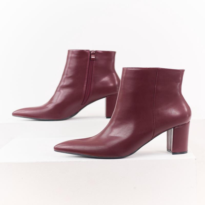 Maroon Faux Leather Pointed Toe Block Heel Booties