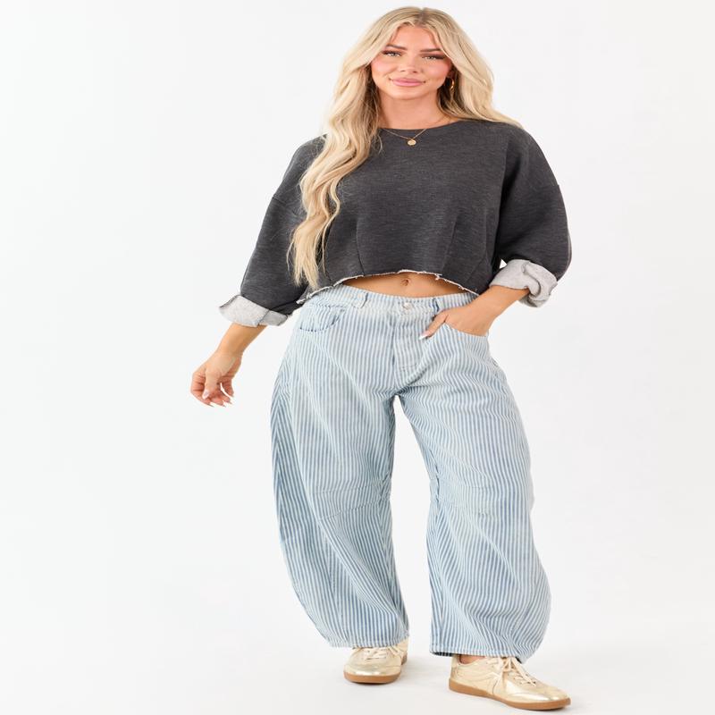 Medium Mineral Wash Railroad Stripe Barrel Jeans