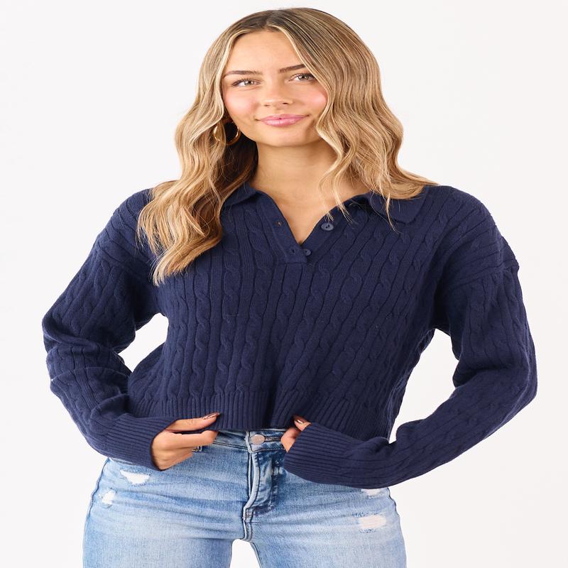 Navy Cable Knit Polo Style Cropped Sweater