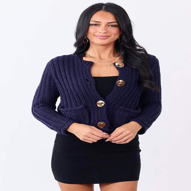 Navy Chunky Rib Knit Button Down Cardigan