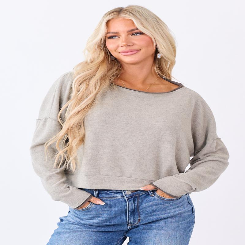 Oatmeal Fleece Contrast Trim Long Sleeve Top