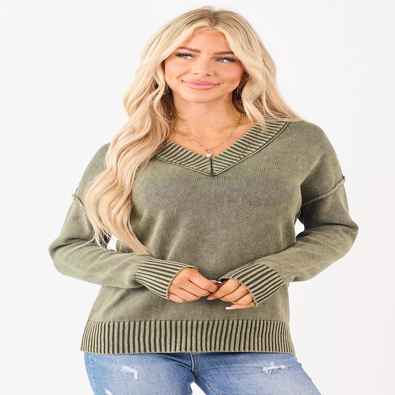 Olive Mineral Washed Cotton Knit V-Neck Sweater