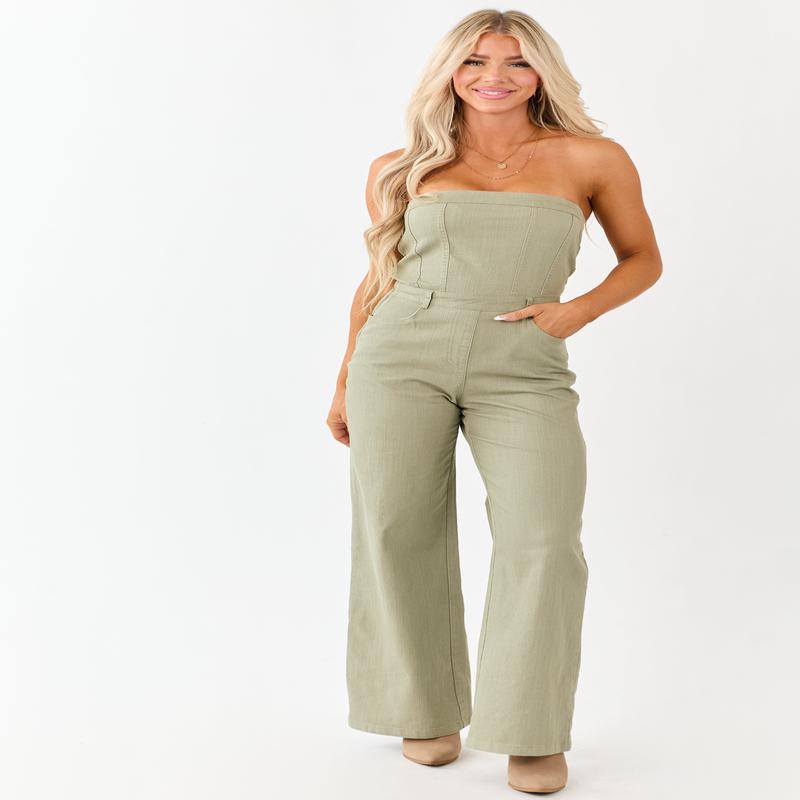 Olive Strapless Wide Leg Denim Jumpsuit
