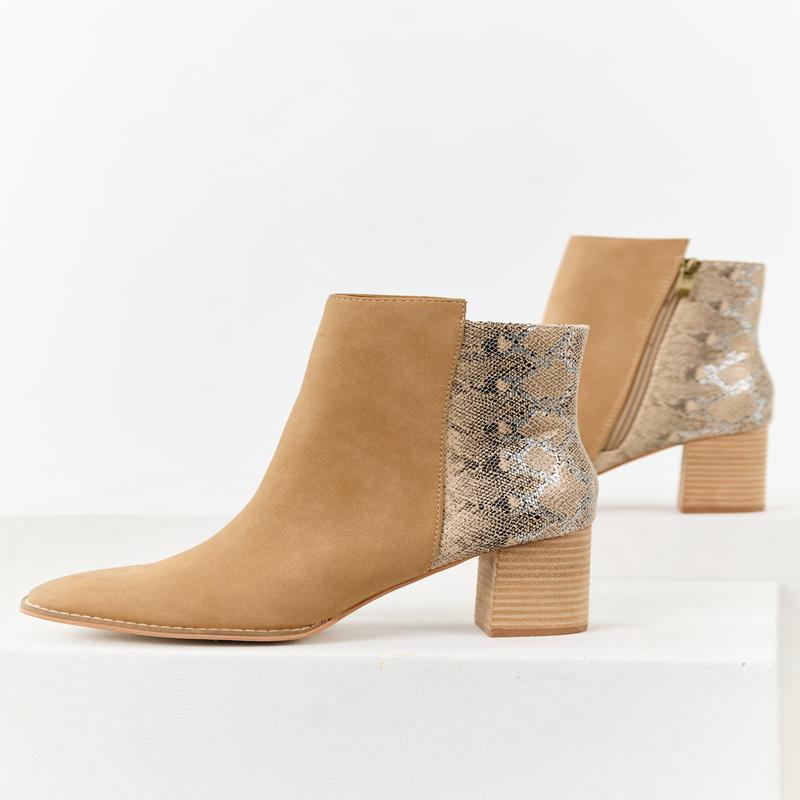 Peanut Faux Snakeskin Contrast Block Heel Booties