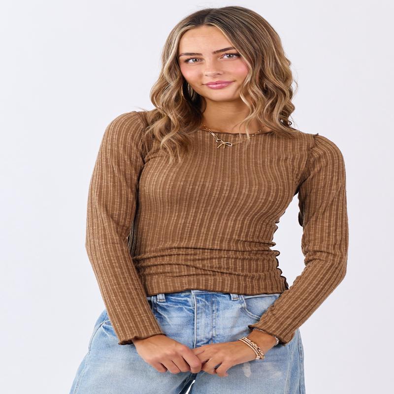 Peanut Rib Knit Lettuce Trim Long Sleeve Top
