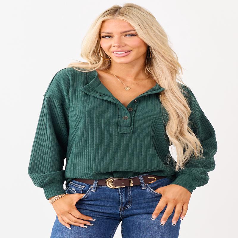 Pine Green Long Sleeve Knit Henley Top