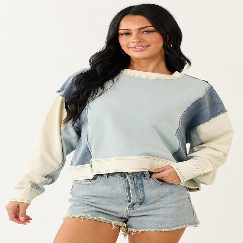 Powder Blue Colorblock Denim Long Sleeve Top