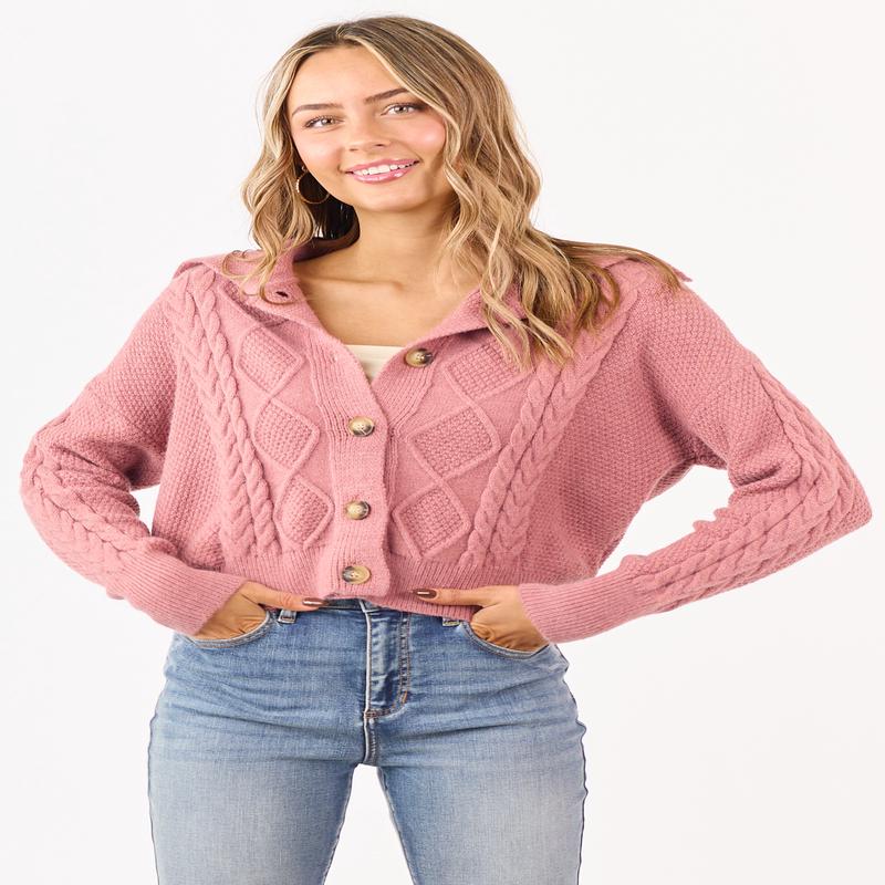 Punch Cable Knit Button Up Collared Cardigan