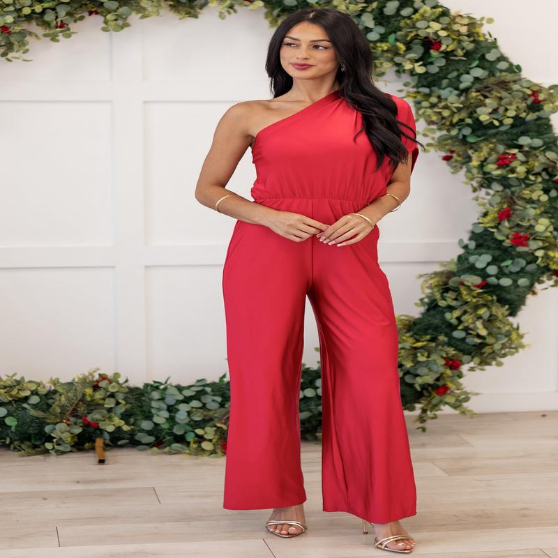 Ruby One Shoulder Elastic Waist Satin Jumpsuit