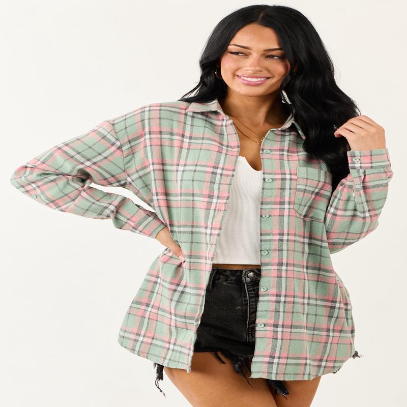 Sage Plaid Button Down Relaxed Long Sleeve Top