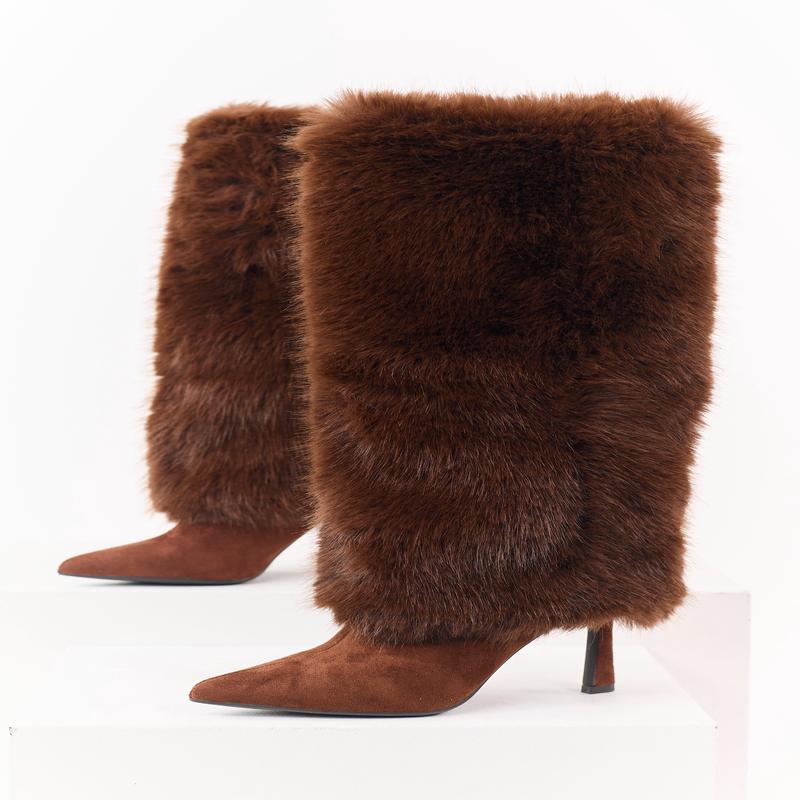 Sepia Microsuede Faux Fur Overlay Stiletto Boots