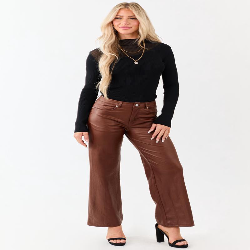 Sepia Textured Faux Leather Wide Leg Pants