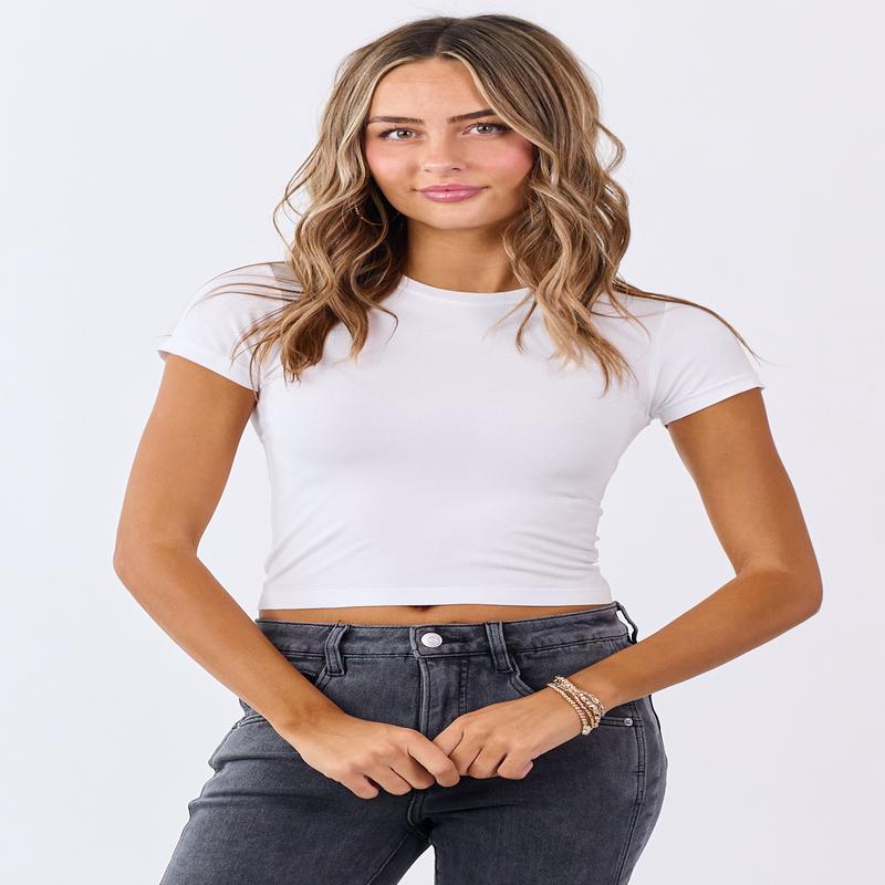 White Short Sleeve Fitted Knit Crop Top