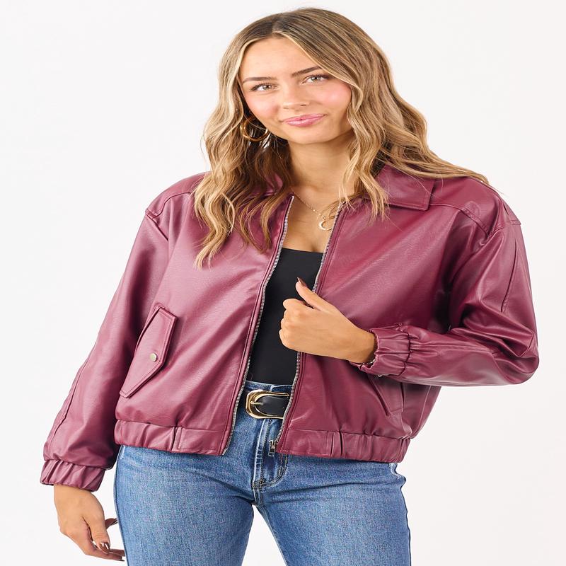 Wine Crinkle Faux Leather Zip Up Bomber Jacket