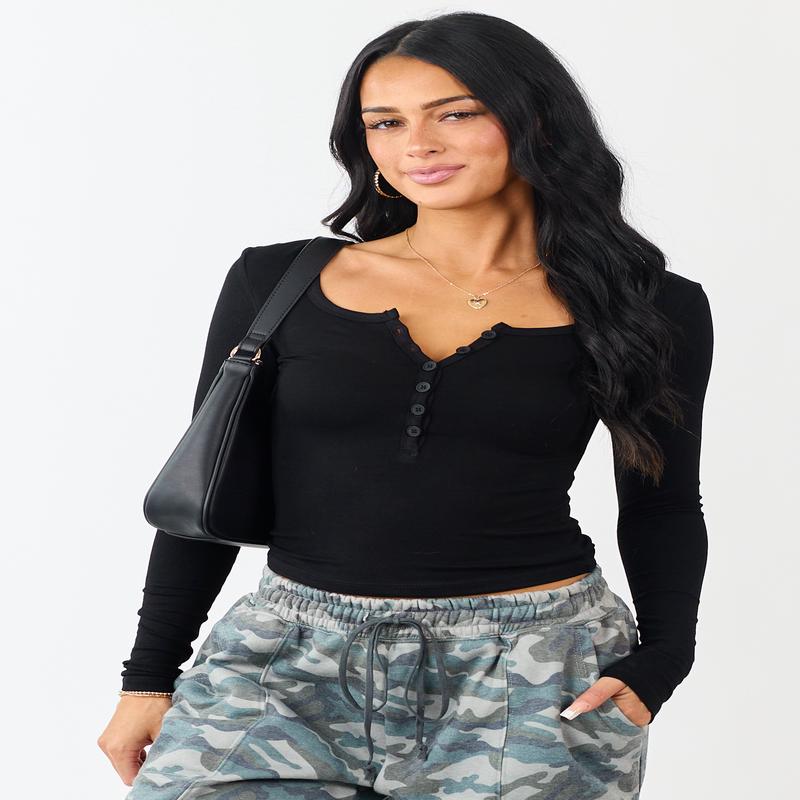 Black Scoop Neck Long Sleeve Henley Top
