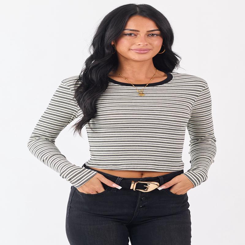 Black Striped Long Sleeve Ribbed Knit Crop Top