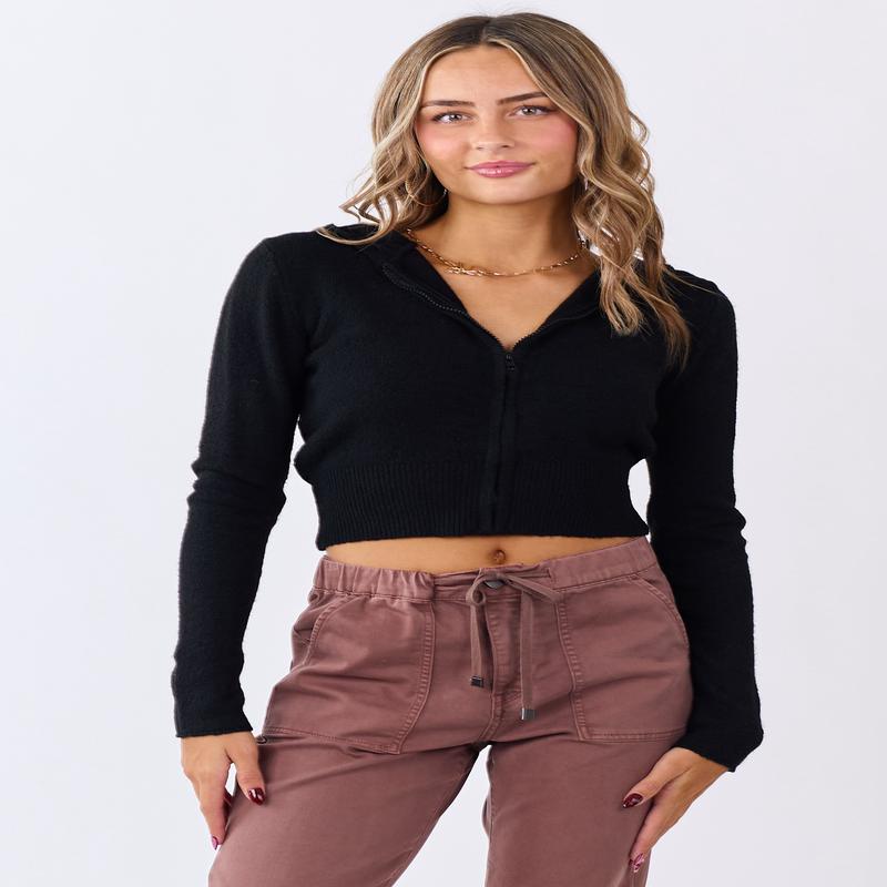 Black Zip Up Hooded Cropped Knit Jacket