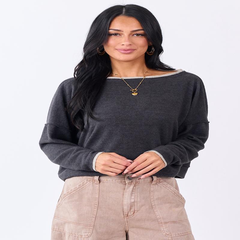 Charcoal Fleece Contrast Trim Long Sleeve Top