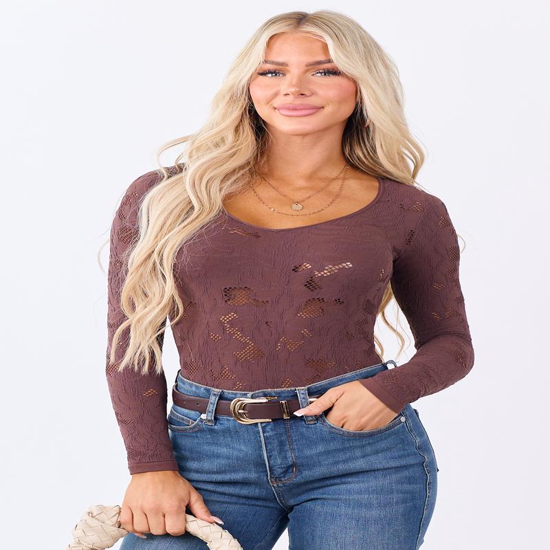 Chocolate Textured Lace Long Sleeve Bodysuit