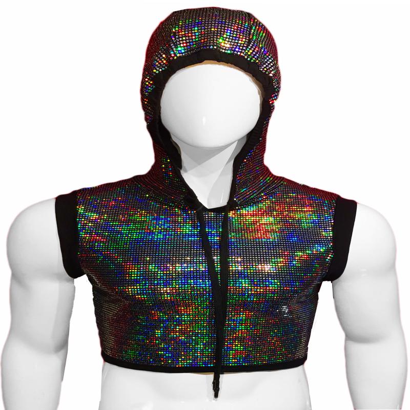 Flat Sequins Hooded Crop Top - BLACK HOLOGRAPHIC