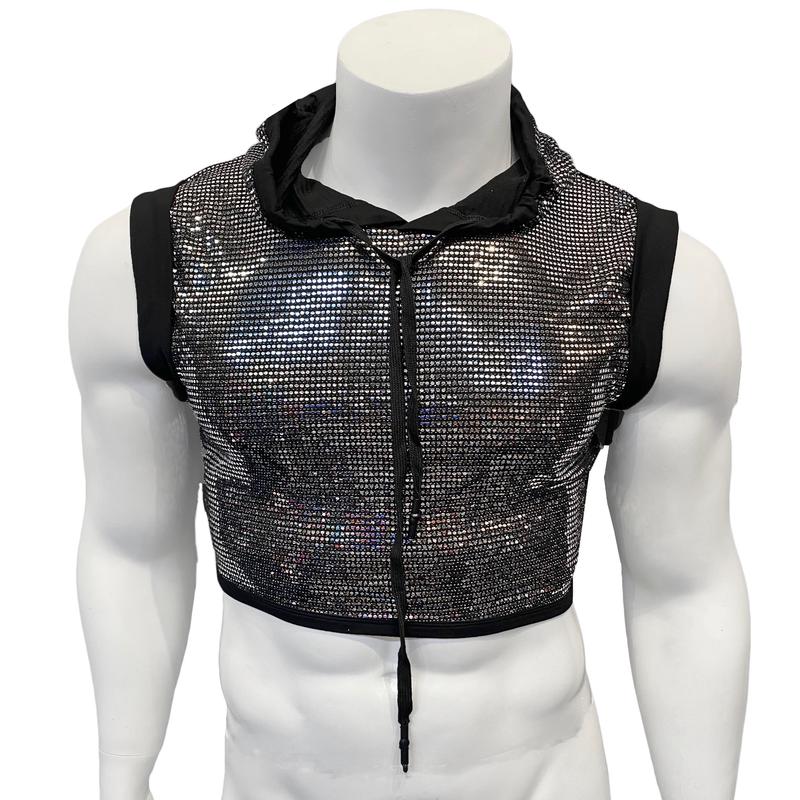 Flat Sequins Hooded Crop Top - BLACK SILVER