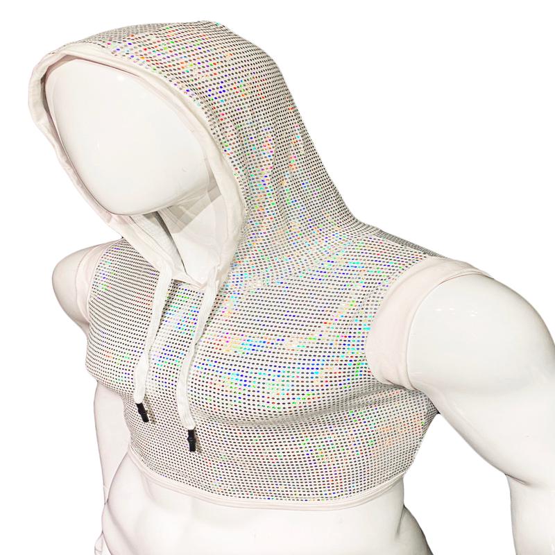 Flat Sequins Hooded Crop Top - WHITE HOLOGRAPHIC