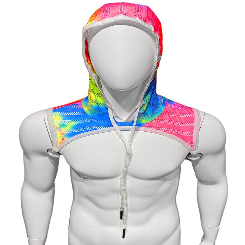 Hooded Harness - Tie Dye Striped White Rainbow Mesh