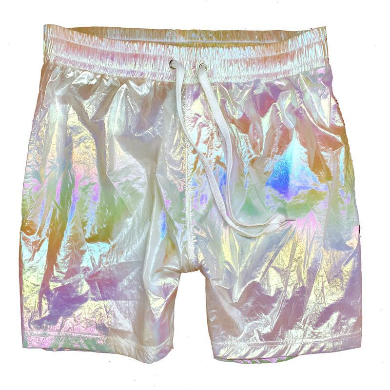 Iridescent Metallic Rave Shorts - Ivory Pearl Multi