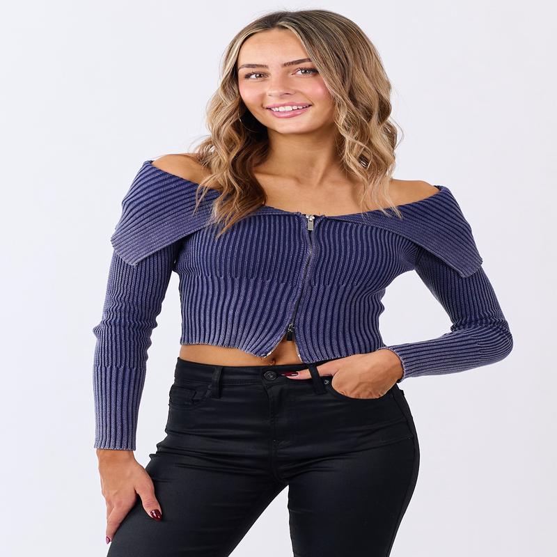 Navy Cotton Off Shoulder Zip Up Sweater Jacket