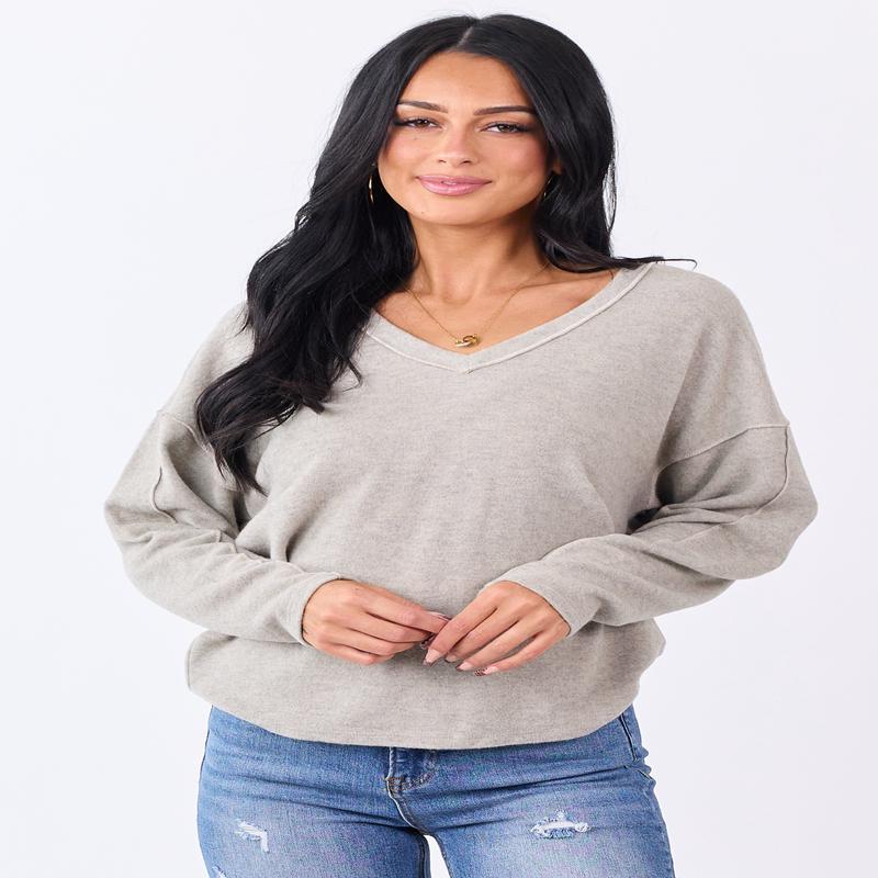 Oatmeal Brushed Knit V-Neck Long Sleeve Top