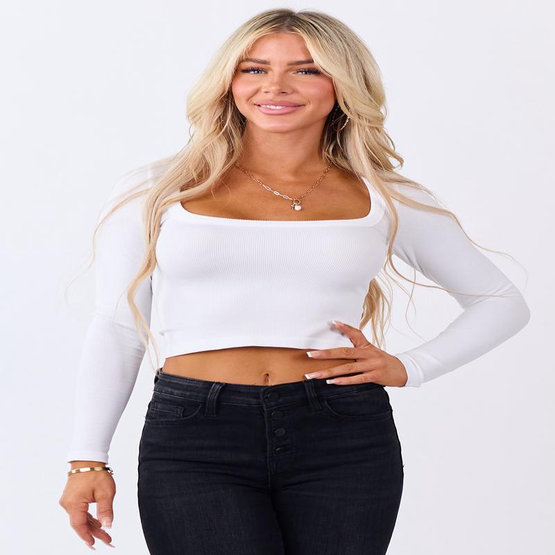 Off White Square Neck Long Sleeve Crop Top