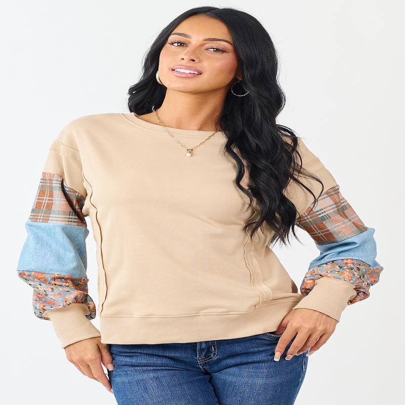 Sand Contrast Patchwork Raw Seam Sweatshirt