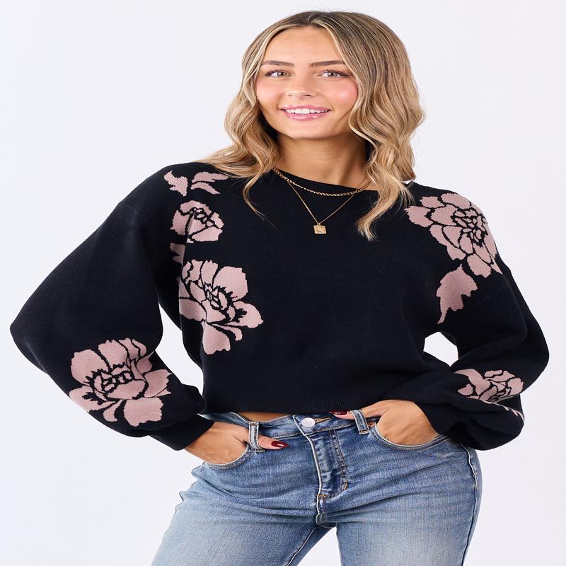 She+Sky Black Floral Print Crew Neck Sweater